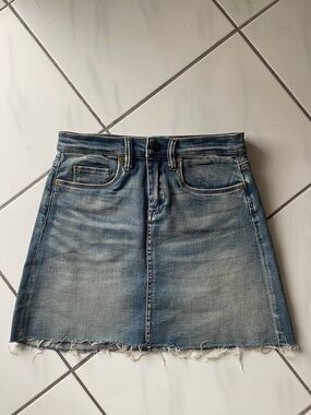 Blank NYC Light Blue Denim Mini Skirt with Frayed Hem